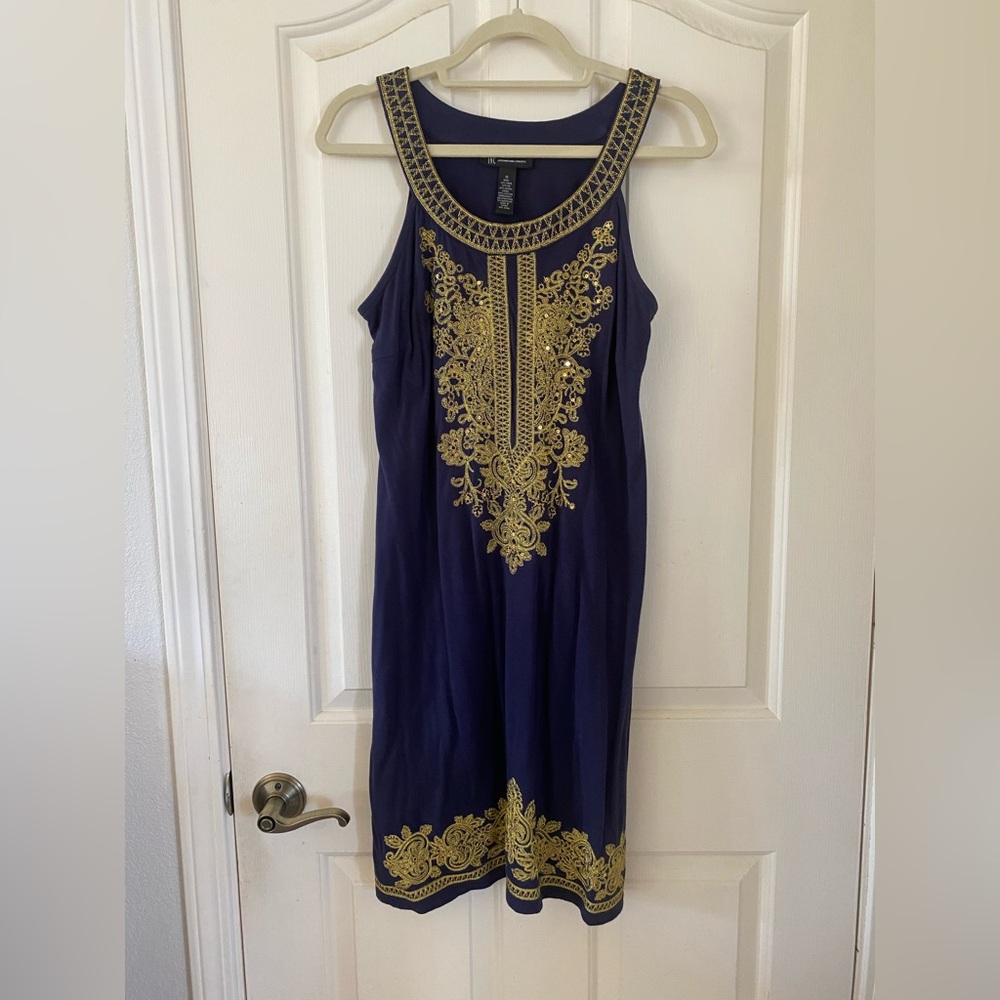 INC International Concepts Navy Blue and Gold Sheath Dress Sleeveless Halter